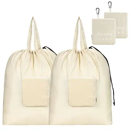 GOGOODA Travel Laundry Bags with Drawstring Closure XL Large Foldable Dirty Clothes bags with Handle Heavy Duty and Washable for College Dorm Travelling Camping, 2 Pack, Beige