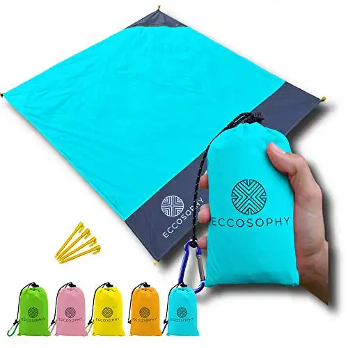 ECCOSOPHY Sand Proof Beach Blanket - 100% Waterproof Picnic Blanket 60x55 - Outdoor Compact Pocket Blanket - Lightweight Ground Cover for Hiking, Camping, Festivals, Sports, Travel- with Bag & Sta...