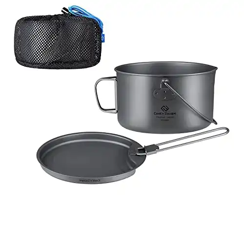 COOK'N'ESCAPE 1950ml Titanium Hanging Pot Camping Cooking Pot, 2 in 1 Ultralight Cookware Pot and Pan Set with Folding Handle for Outdoor Cookset Open Over Fire Hiking Backpacking