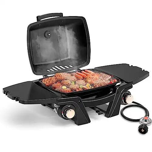 Ooiior Portable Gas Grill, Small Gas Grills Propane, Tabletop Gas Grill Outdoor Camping Grill BBQ Grill 24000 BTU with 2 Burners, Removable Side Tables, Built in Thermometer, Black