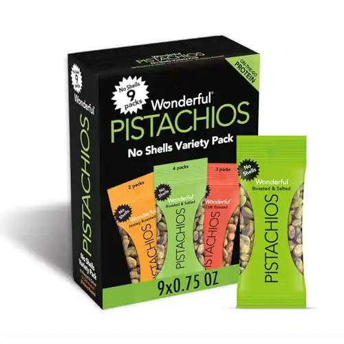 Wonderful Pistachios No Shells, 3 Flavors Mixed Variety Pack of 9 (0.75 Ounce), Roasted & Salted Nuts (4), Chili Roasted (3), Honey Roasted (2), Protein Snacks, Stocking Stuffers , Individually Wr...