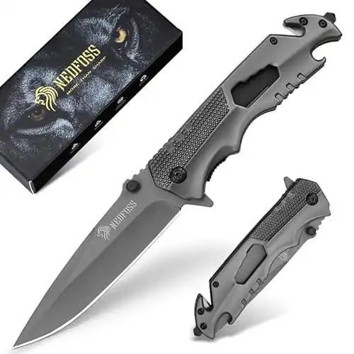 NedFoss Pocket Knife for Men with Bottle Opener, Glass Breaker, Seatbelt Cutter and Wrench, 5-in-1 Multitool Folding/Survival Knife for Emergency Rescue Situations, Home Improvements