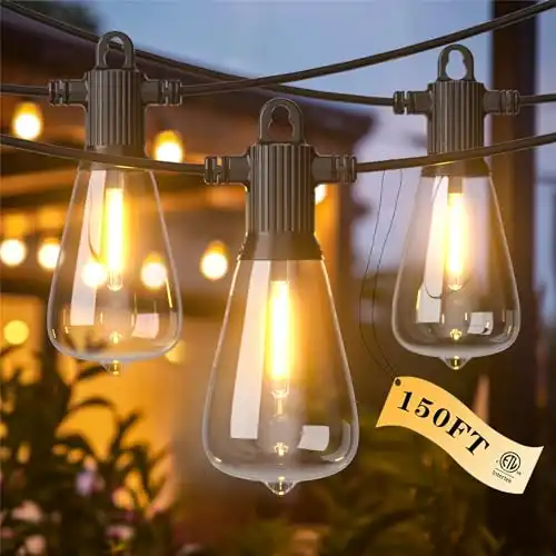 Kawaya Outdoor Lights String LED Patio Lights: 150FT Waterproof Commercial Grade Vintage String Lights for Outside - 72+3 Shatterproof ST38 Edison Bulbs for Porch Bistro Backyard Cafe (75FTx2)