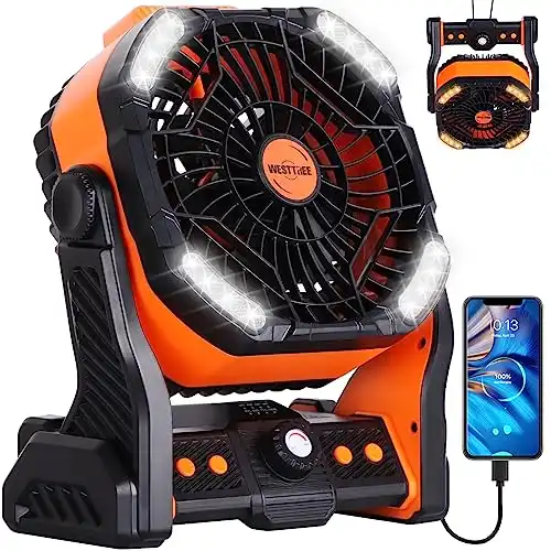 WESTTREE 20000mAh Camping Fan Battery powered fan,Portable fan Battery Operated fan, Rechargeable Battery Operated Outdoor Tent Fan with Light & Hook,Personal USB Desk Fan for Camping,Orange