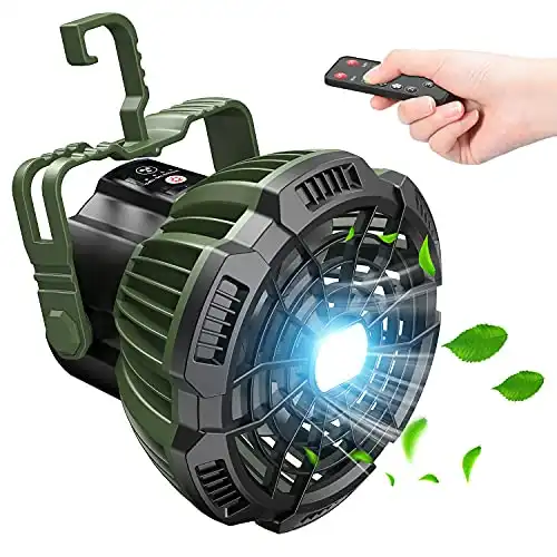 Camping Fan with LED Lantern, 7800mAh Rechargeable Portable Tent Fan with Remote Control, Power Bank, 180 Head Rotation, Perfect Quiet Battery Operated USB Fan for Picnic, Barbecue, Fishing (Green)