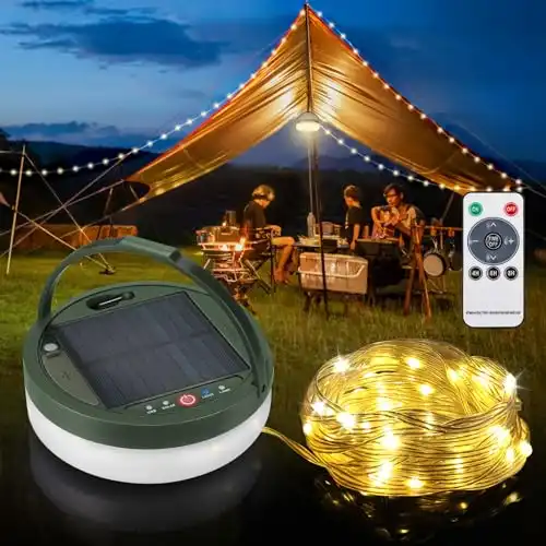 Anpro 2 in 1 Solar Camping String Lights, 39.4Ft Ultra Long String with 150LEDs, Solar Powered and USB Rechargeable Light with Remote Control,Portable Camping Light for Hiking, Decorations