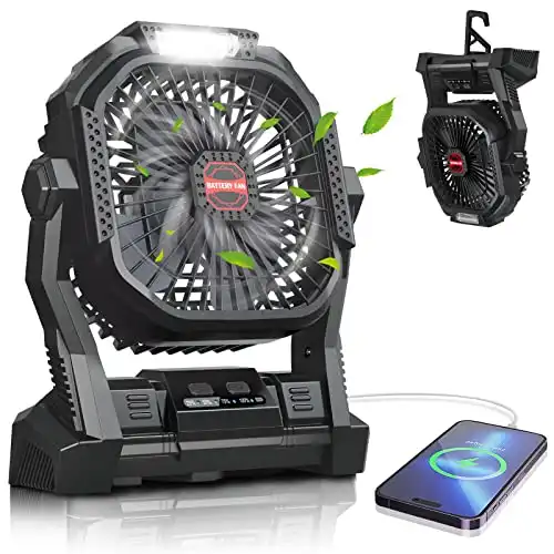 Portable Battery Operated Fan Rechargeable Camping Fan with LED Lantern - 25H Battery Powered Fan with Quiet Brushless Motor, 3A Fast Charging, Hang Hook, USB Desk Fan for Home, Office, Camping.