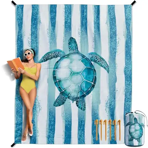 VENTURE 4TH Family-Size Beach Blanket: Sandproof, Waterproof, Lightweight & Compact. Includes Stakes and Carry Bag. 7x8 feet XL Striped Turtle