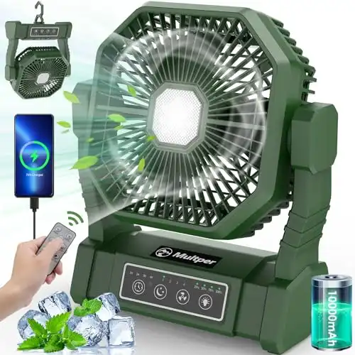 Multper 20000mAh Camping Fan Portable Fan with LED Lantern, Rechargeable Outdoor Tent Fan for Camping with Remote & Hook, 4 Speed Powerful USB Table Fan for Fishing, Camping, Travel, Jobsite