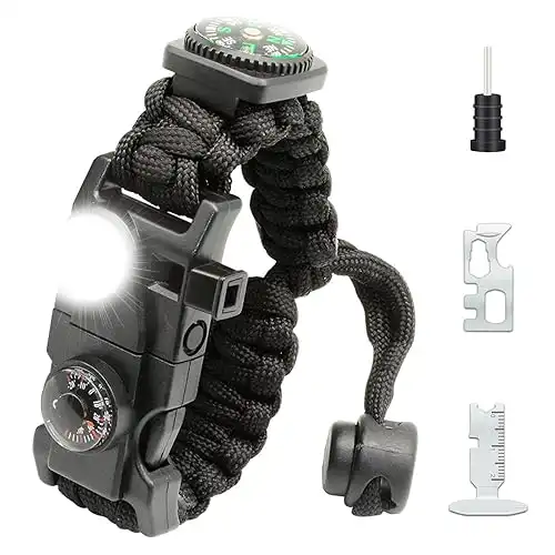 20 in 1 Survival Paracord Bracelet Adjustable Gear Kit with SOS LED Light, Fire Starter, Bigger Compass, Survival Whistle, Perfect for Camping, Hiking, Fishing