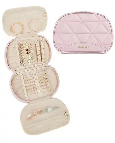 BAGSMART Travel Jewelry Case Jewelry Organizer Storage Roll Rings Necklaces Earrings Bracelets Brooches Watch Large Portable Travel Essentials Light Pink