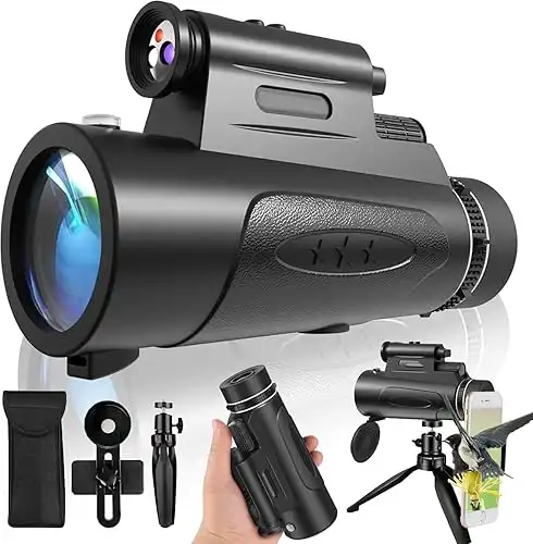 Monocular Telescope with Lights HD Monoculars 80x100 for Adults High Powered Monocular for Hunting with Smartphone Holder & Tripod, Handheld Telescope Suitable for Bird Watching Stargazing-Black