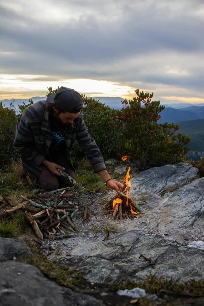 fire setting up for primitiving camping