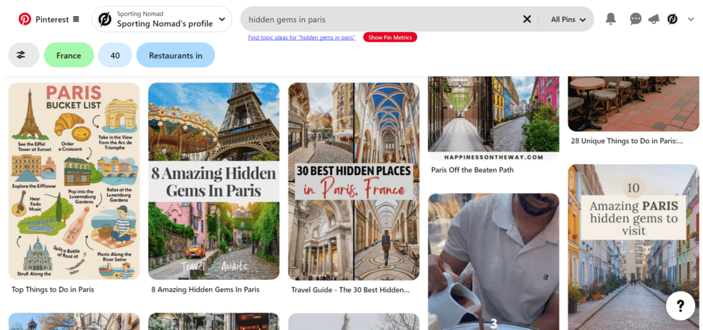 Pinterest screen shot of hudden gems in paris search